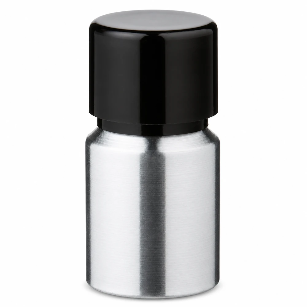 Flacone compatto da 10 ml in alluminio spazzolato, ideale per i viaggi e gli spostamenti