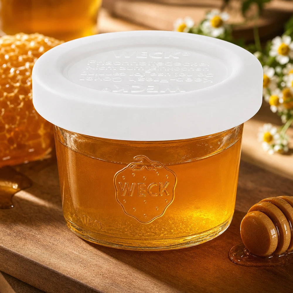 WECK 35ml RR40 tumbler con miele in un ambiente naturale con nido d'ape e camomilla, presentazione autentica del prodotto