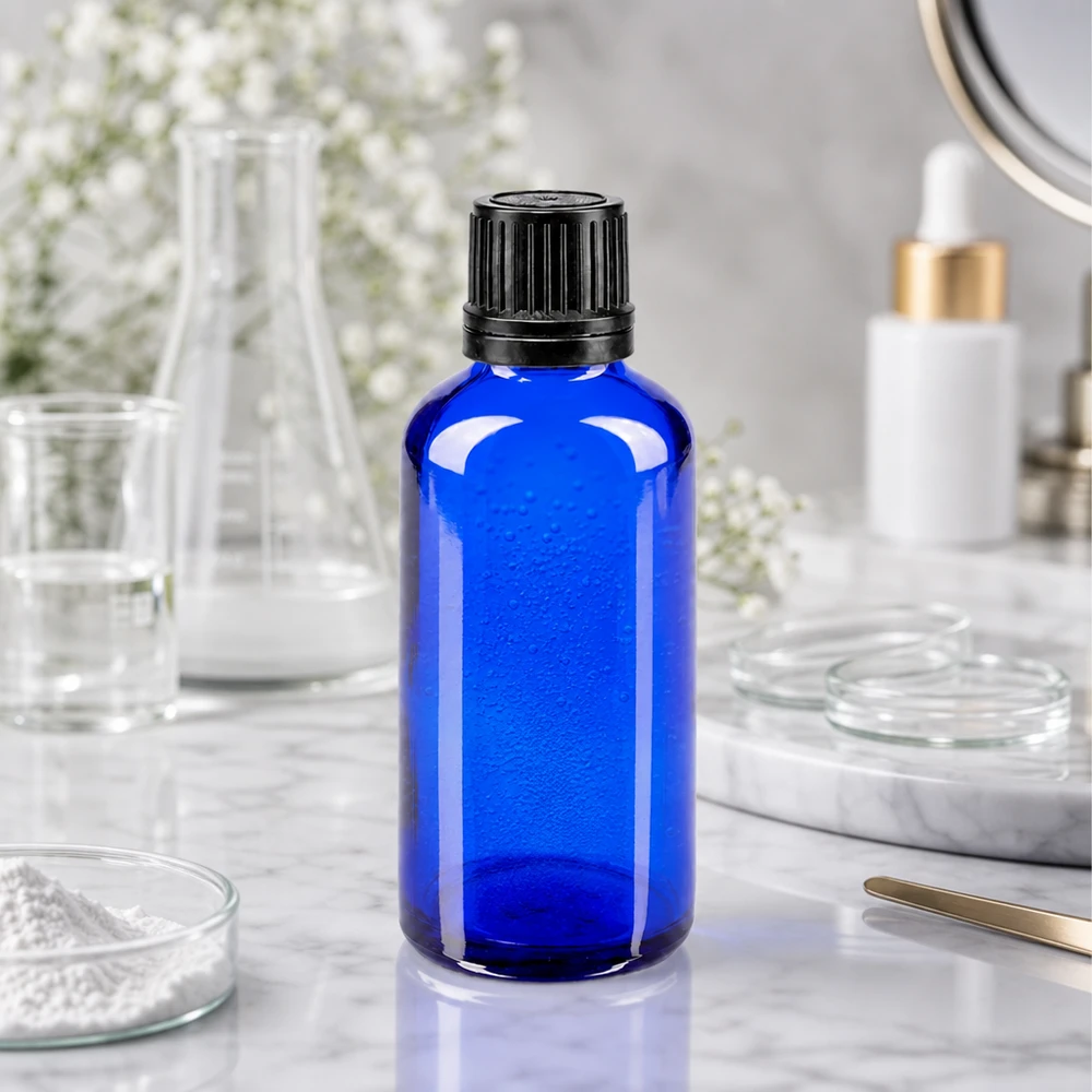 Flacone 50ml blu (Glo.)GR OV nero/8mm ApoGlas Flacone di vetro da farmacia blu da 50 ml con tappo originale nero in un ambiente di laboratorio scientifico