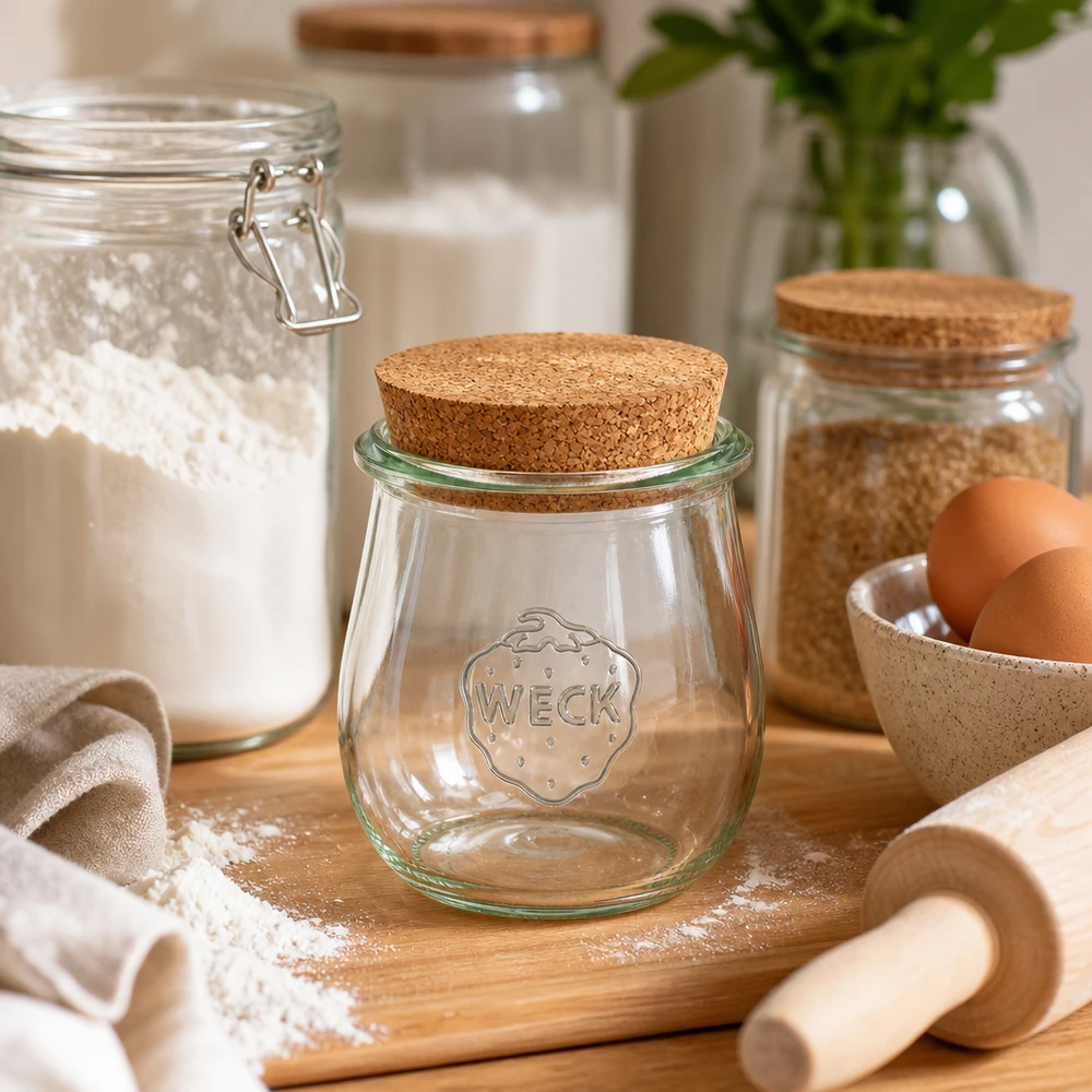 Vaso per tulipani da 220 ml WECK RR60 con tappo in sughero naturale WECK vaso a tulipano 220ml RR60 con coperchio in sughero in cucina rustica con ingredienti da forno farina e uova su tavola di legno