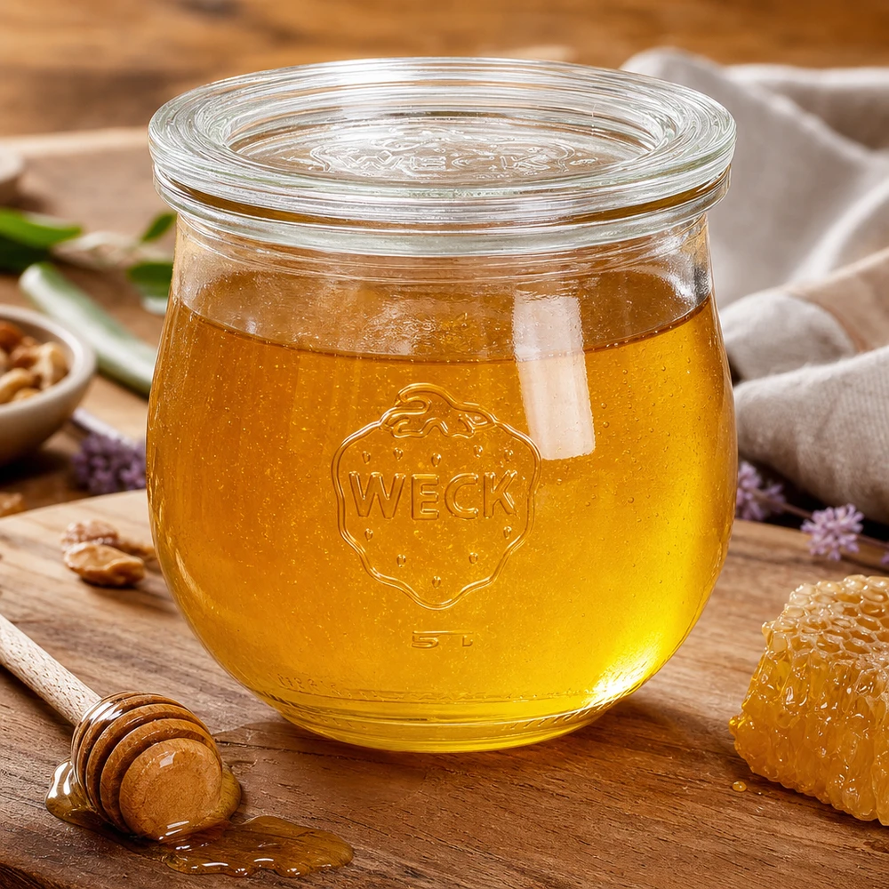 Vaso a tulipano WECK da 370 ml RR80 riempito di miele su una tavola di legno con nido d'ape e cucchiaio da miele come decorazione