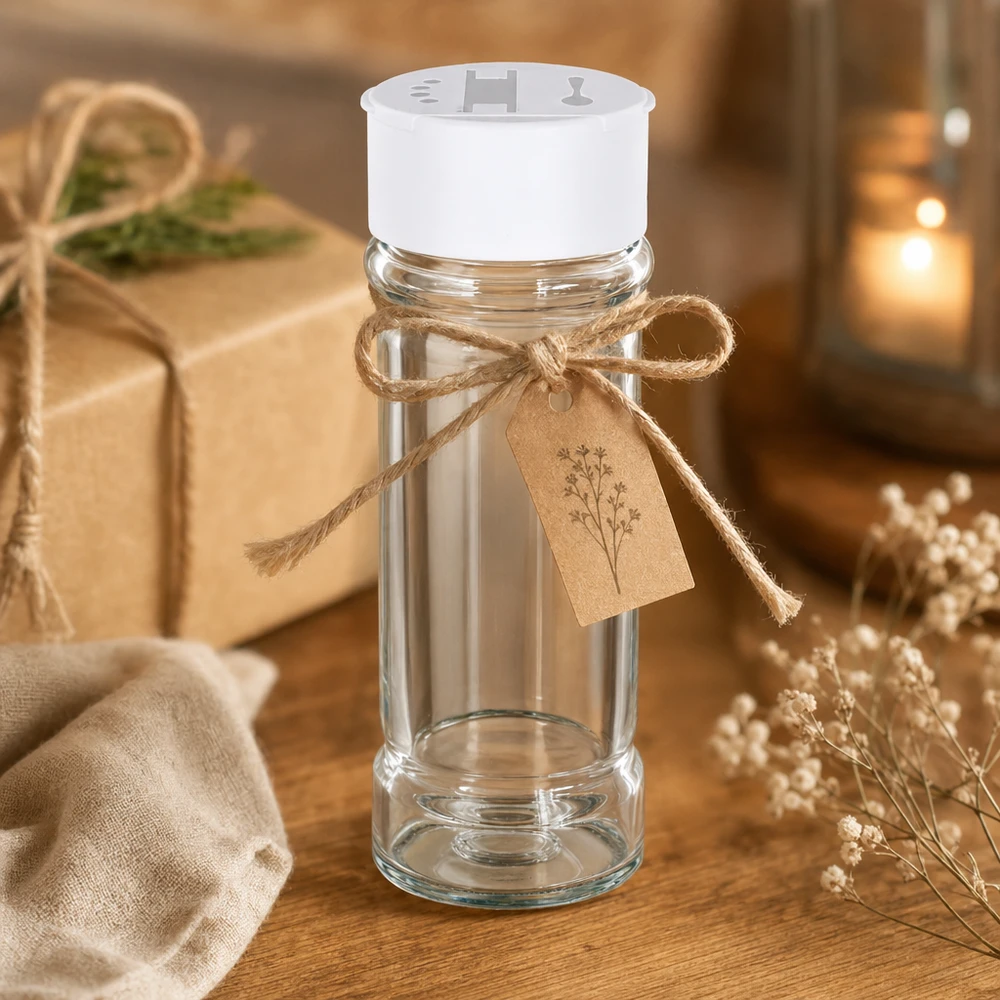 Barattolo per sale/spezie da 100 ml con doppio dosatore, bianco Barattolo per sale e pepe da 100 ml con doppio dosatore bianco, decorato con un fiocco di juta come regalo in stile rustico