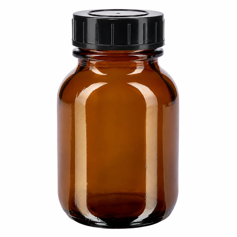 Bottiglia a collo largo da 50ml in vetro ambrato con tappo a vite Bottiglia a collo largo da 50 ml in vetro ambrato con tappo a vite nero per una conservazione sicura
