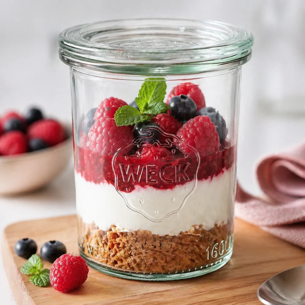 WECK 160ml mason jar riempito con un dessert a base di biscotti, panna e frutti di bosco come esempio di applicazione