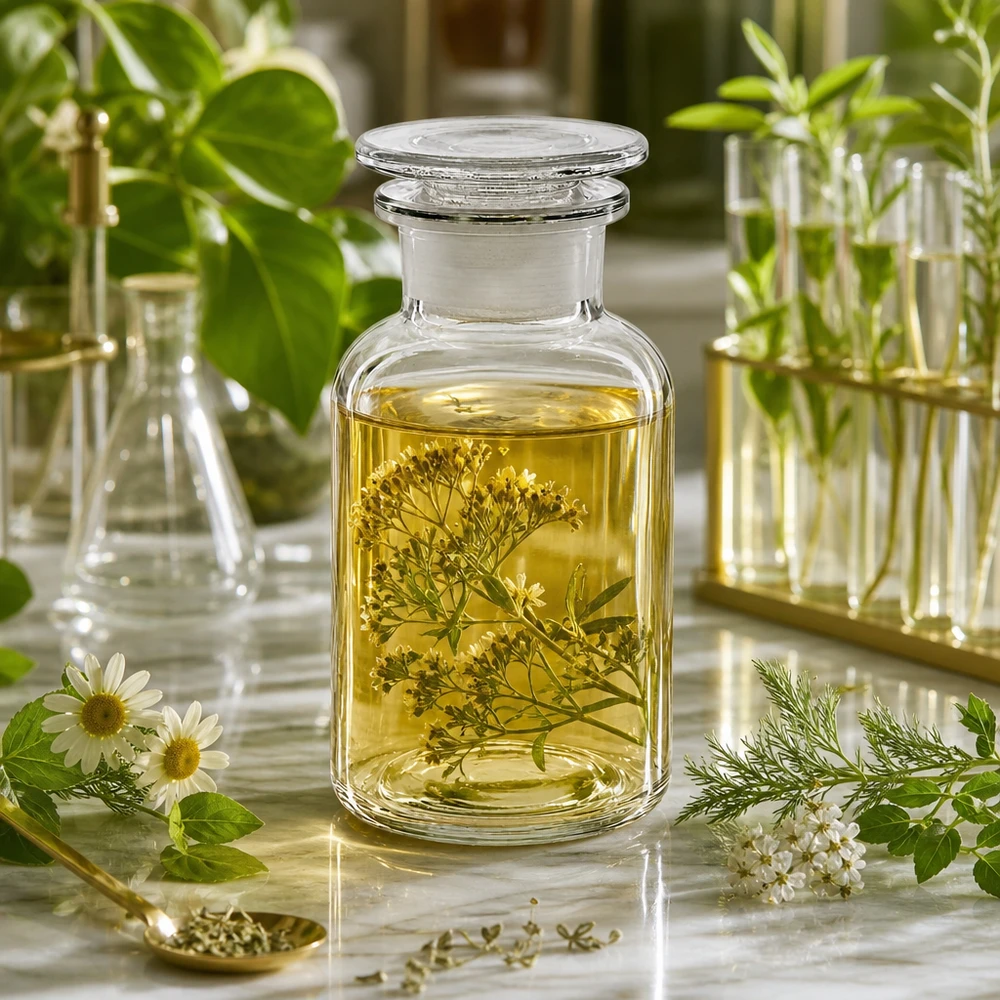Bottiglia a spalla tonda 250ml chiara a collo largo con tappo in vetro Flacone da farmacia trasparente da 250 ml con tappo in vetro e erbe botaniche su fondo di marmo