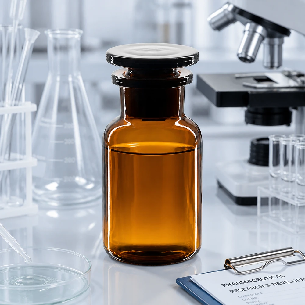 Bottiglia a spalla rotonda 100ml marrone a collo largo con tappo in vetro Fiaschetta farmaceutica in vetro ambrato da 100 ml a collo largo con tappo di vetro su un tavolo da laboratorio bianco