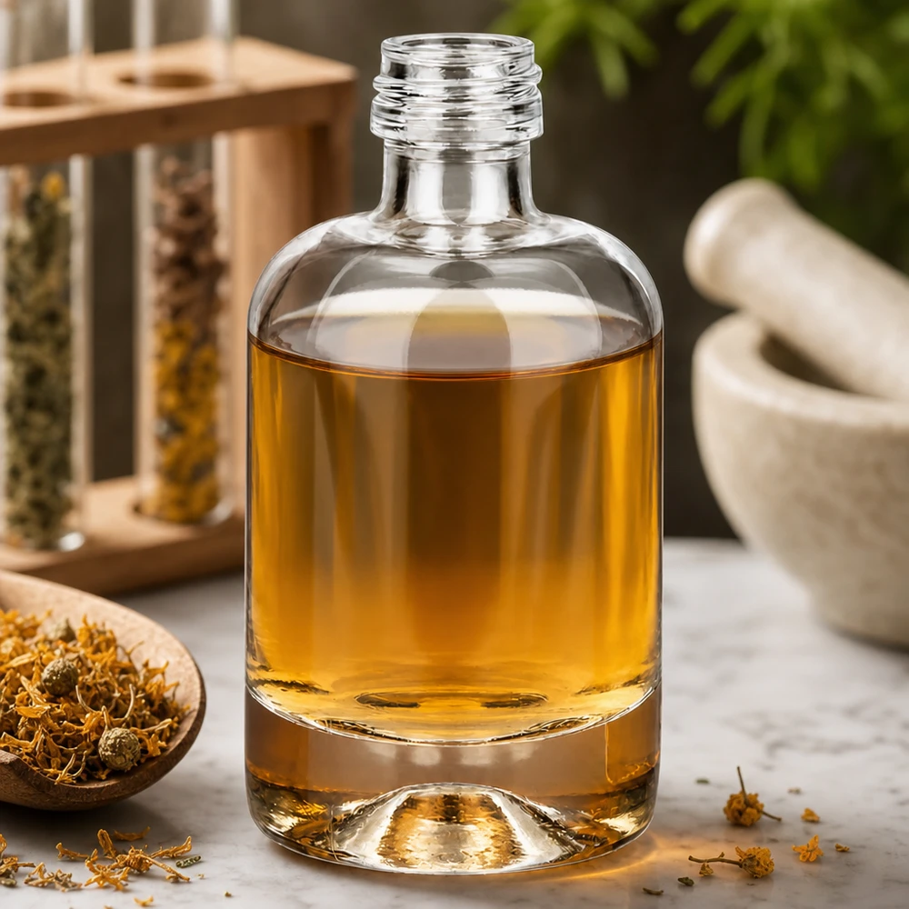 Flacone in vetro Sara da 40 ml con liquido giallo oro in un ambiente naturale a base di erbe con mortaio e fiori secchi