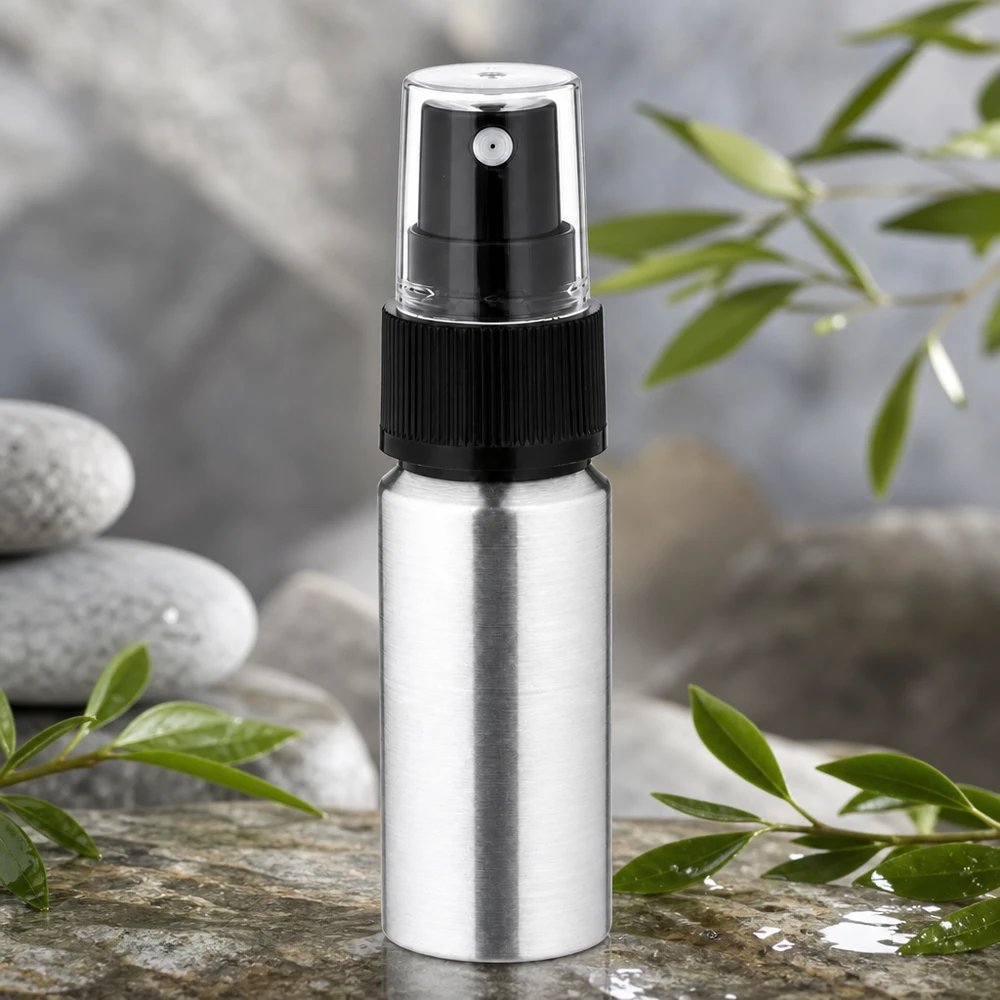 Flacone da 20 ml in alluminio lucido con nebulizzatore Robusto flacone in alluminio da 20 ml con testina trasparente - infrangibile e durevole per l'uso quotidiano
