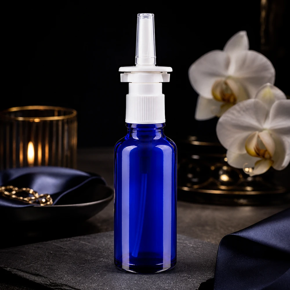 Flacone da 30 ml in vetro da farmacia di colore blu per spray nasale, con pompa bianca e beccuccio trasparente