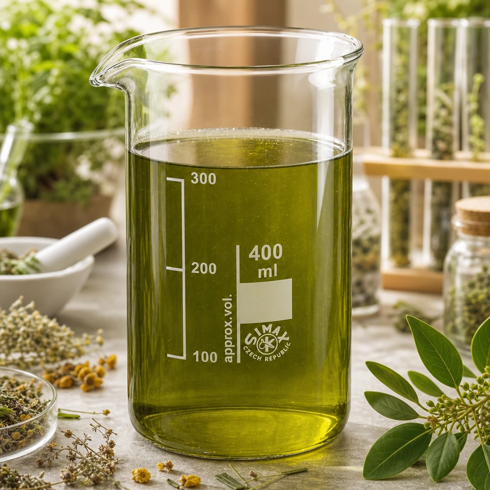 Bicchiere da laboratorio da 400 ml, forma alta, con estratto di erbe verde circondato da piante medicinali fresche e fiori secchi