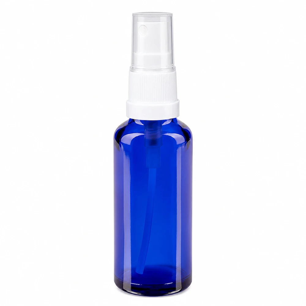 Bottiglia spray blu 30ml STD bianco/trasp. apoGlas Flacone spray da 30 ml in vetro da farmacia blu con erogatore a pompa bianco e tappo protettivo trasparente