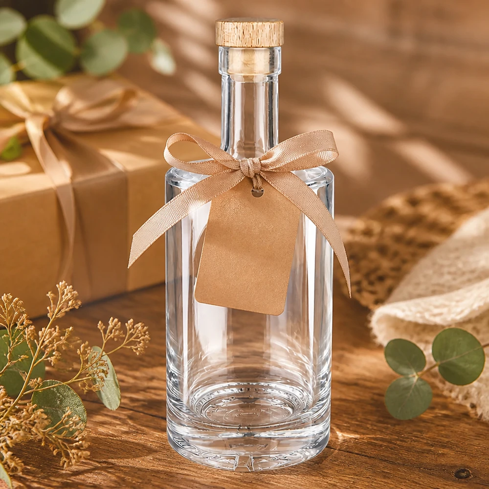 Bottiglia in vetro da 500 ml Nora confezione regalo con fiocco etichetta in carta kraft tappo in legno UNiTWIST decorazione in eucalipto