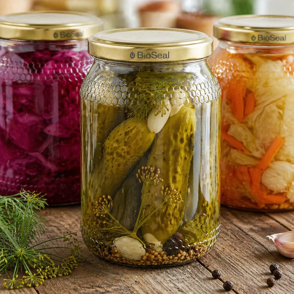 Vasetto per miele da 1260 g con capsula dorata BioSeal UNiTWIST 900ml Honigglas BioSeal Deckel gold Einmachglas eingelegte Gurken Dill Gewürze Fermentation Küchenvorrat