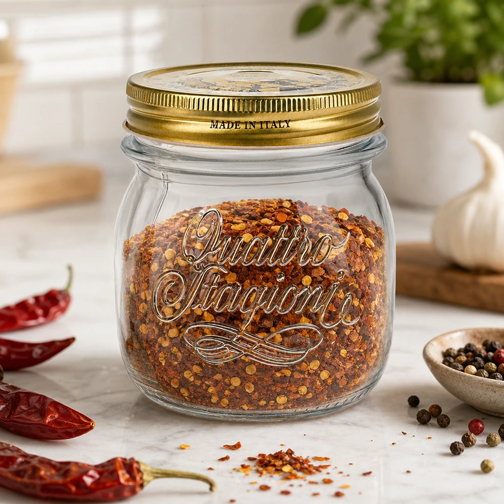 Barattolo rotondo Quattro Stagioni da 250 ml con coperchio dorato pieno di mix di spezie al peperoncino sul piano di lavoro della cucina