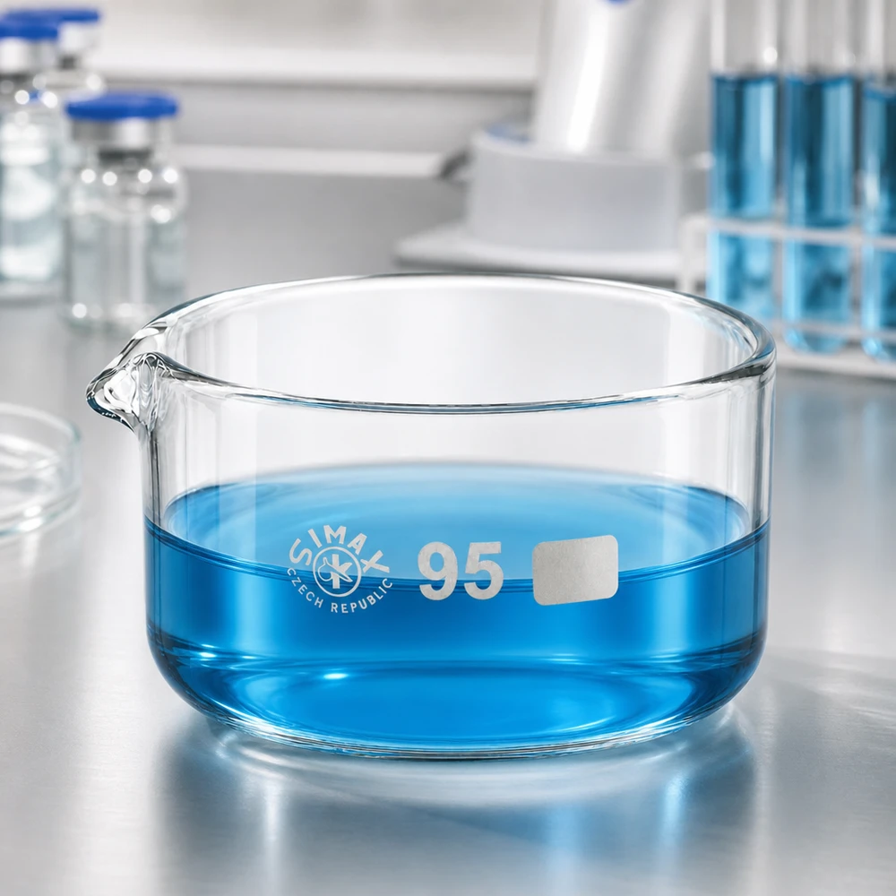 Piatto per cristallizzazione da 300 ml con beccuccio Bo.. ø95mm Liquido blu in una vaschetta da laboratorio piatta da 300 ml in vetro borosilicato con beccuccio da ø95 mm SIMAX
