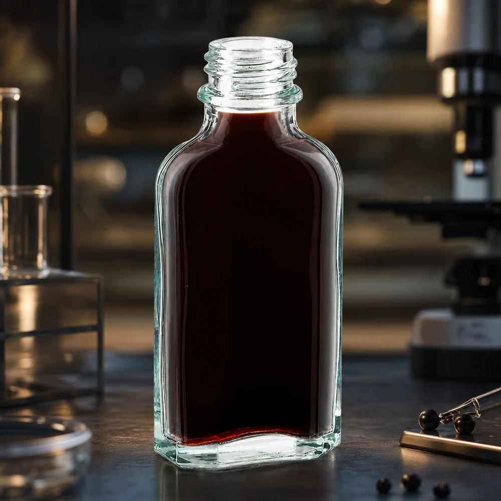 Flacone Meplat da 50 ml trasparente DIN22 Flacone Meplat da 50 ml trasparente con contenuto liquido rosso scuro e tappo a vite DIN22