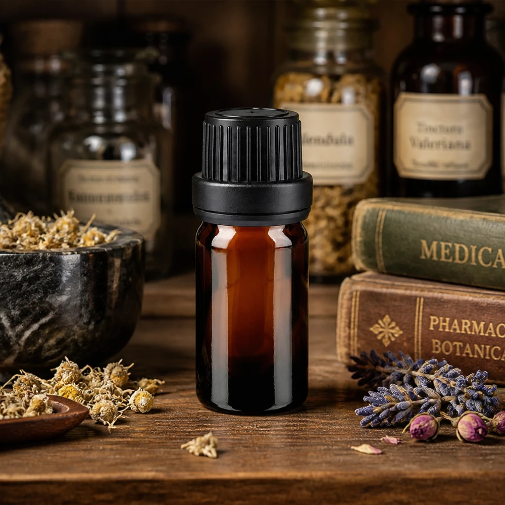 Flacone da farmacia da 5 ml in vetro ambrato con tappo di sicurezza nero da 11 mm, tratto da libri storici di erboristeria