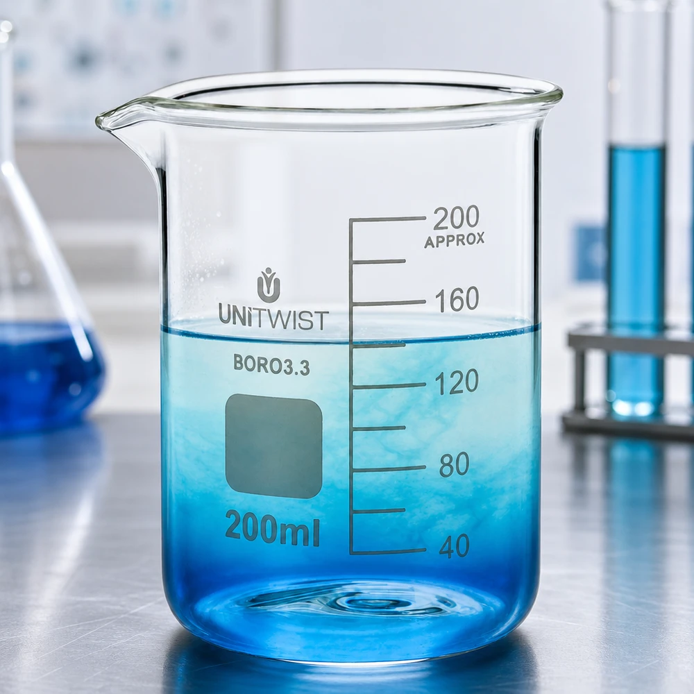Becher da laboratorio trasparente da 200 ml con graduazione fino a 200 ml e beccuccio in vetro borosilicato 3.3