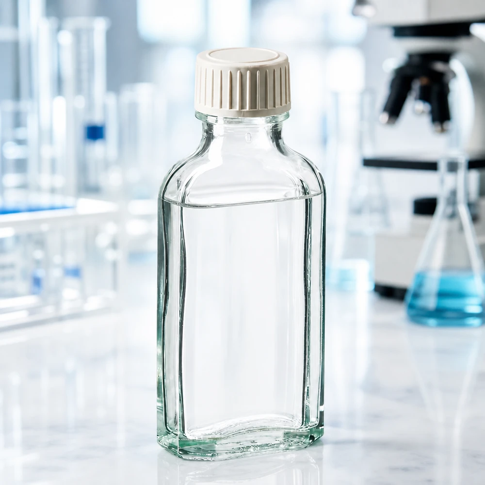 Flacone Meplat in vetro trasparente da 50 ml con tappo in plastica bianca in laboratorio