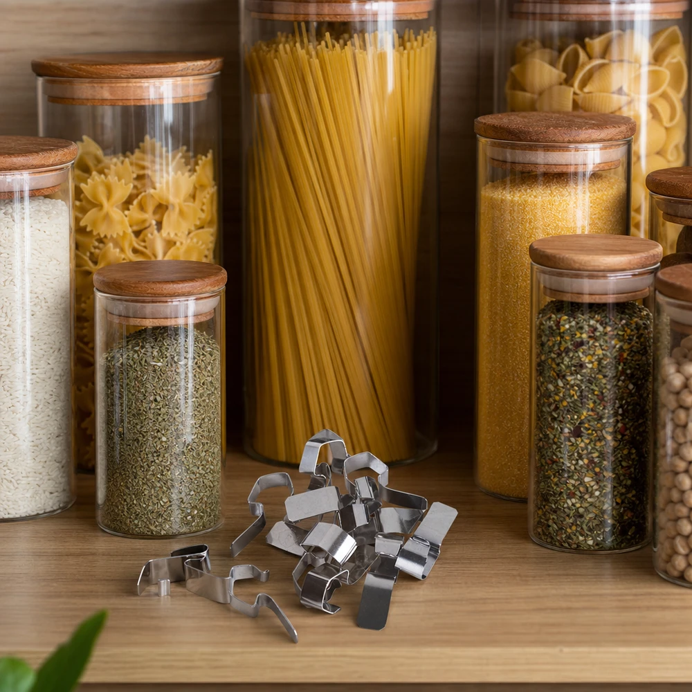Pinza per conserve Morsetti di conservazione in acciaio inox su un tavolo di legno accanto a barattoli con spezie per la pasta e utensili da cucina