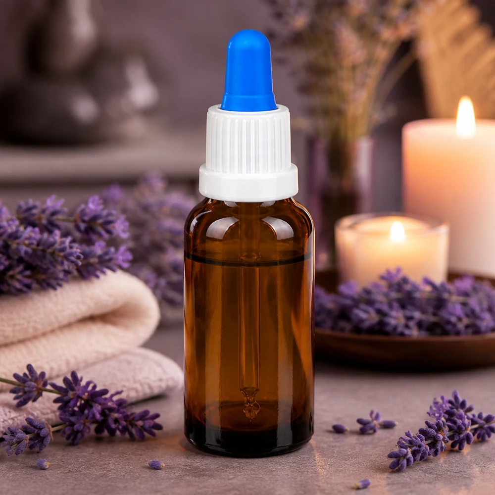 Flacone per pipette da 20 ml bianco/blu OV BrownLine UT18/20 Flacone a pipetta compatto da 20 ml in vetro ambrato con tappo a vite bianco e contagocce blu