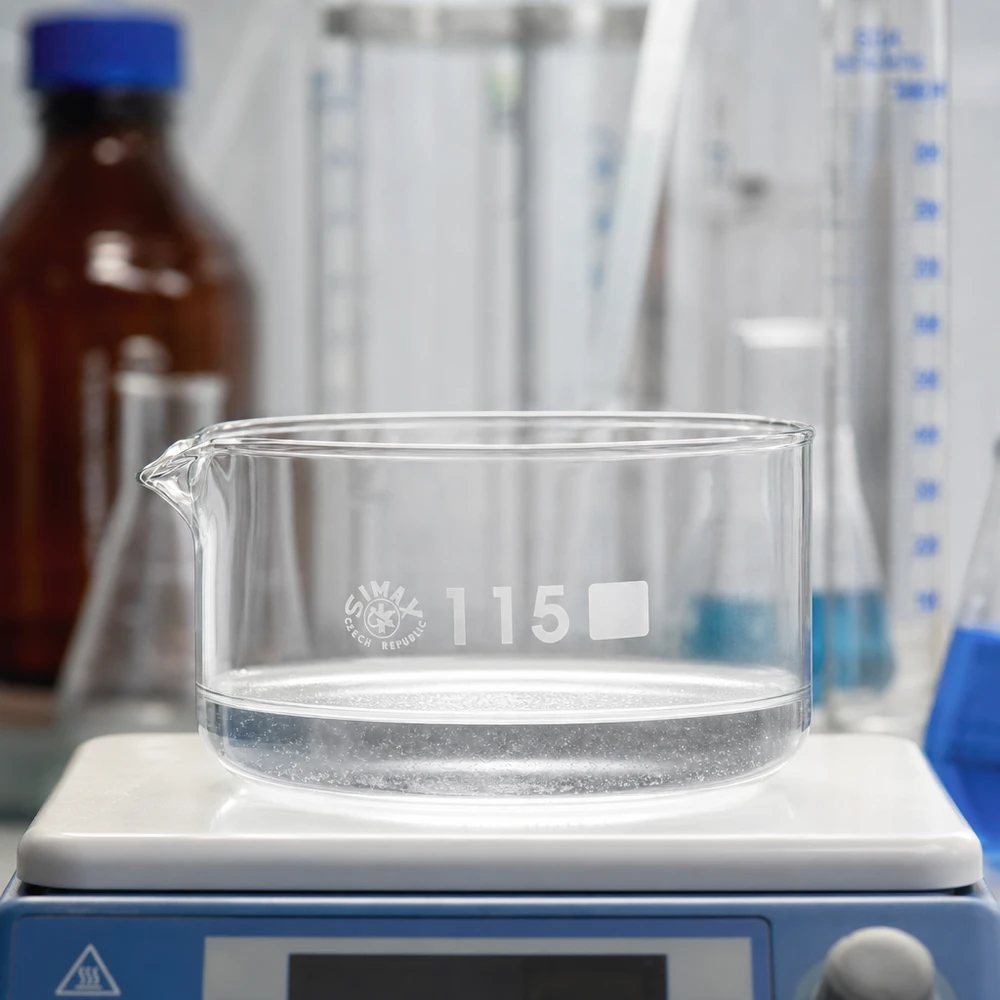 Piatto per cristallizzazione da 500ml con beccuccio Bo.. ø115mm Vaschetta di cristallizzazione vuota da 500 ml SIMAX su agitatore magnetico da laboratorio, in vetro borosilicato, ø 115 mm