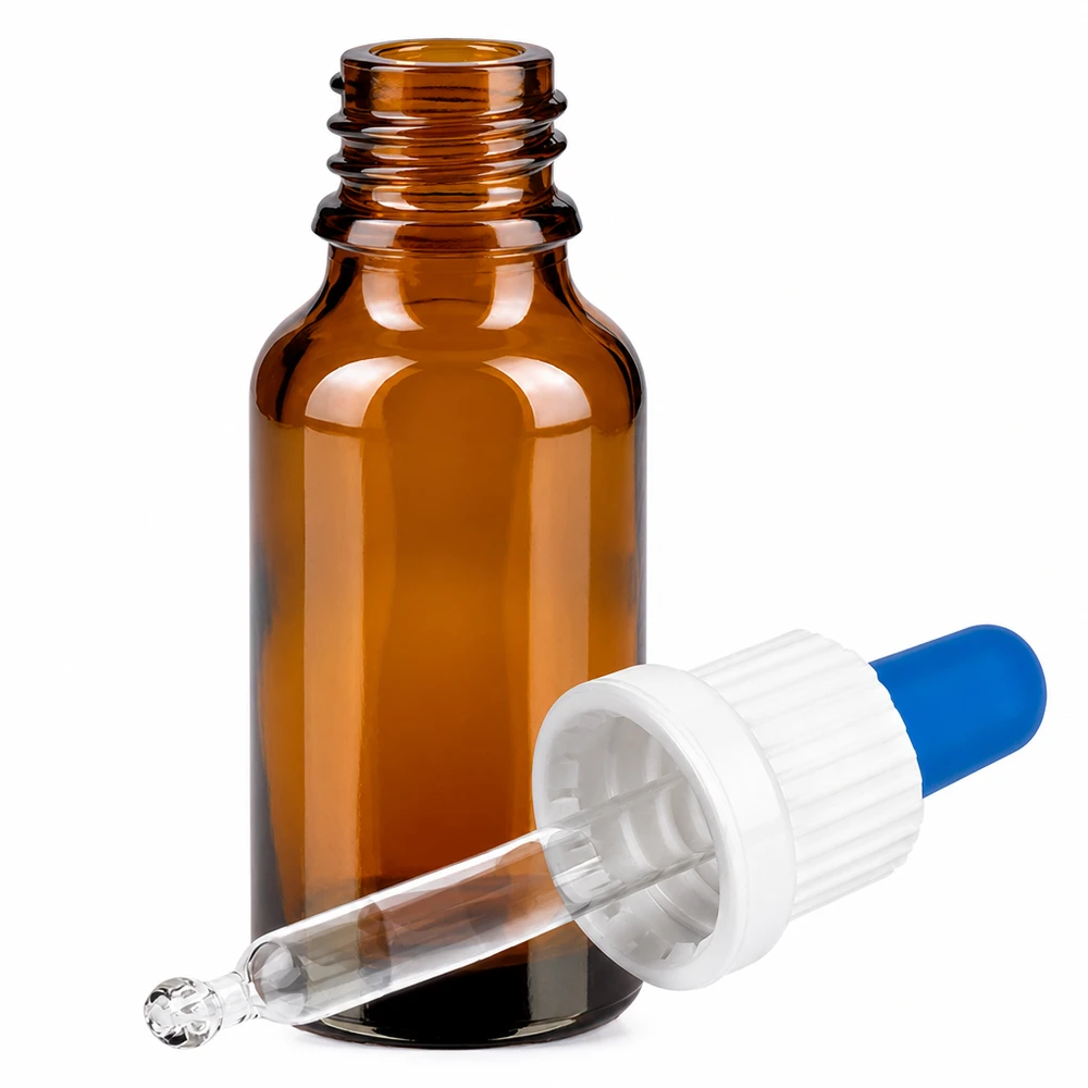 Flacone per pipette da 20 ml bianco/blu OV BrownLine UT18/20 Flacone contagocce compatto da 20 ml con tappo in gomma bianca e punta per pipetta blu