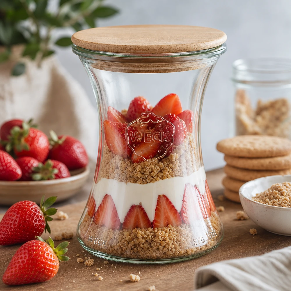 Vasetto per salumi WECK RR80 da 370 ml con coperchio in legno Vasetto WECK da 370 ml RR80 con coperchio in legno, riempito con fragole, granola e yogurt come dessert a strati.
