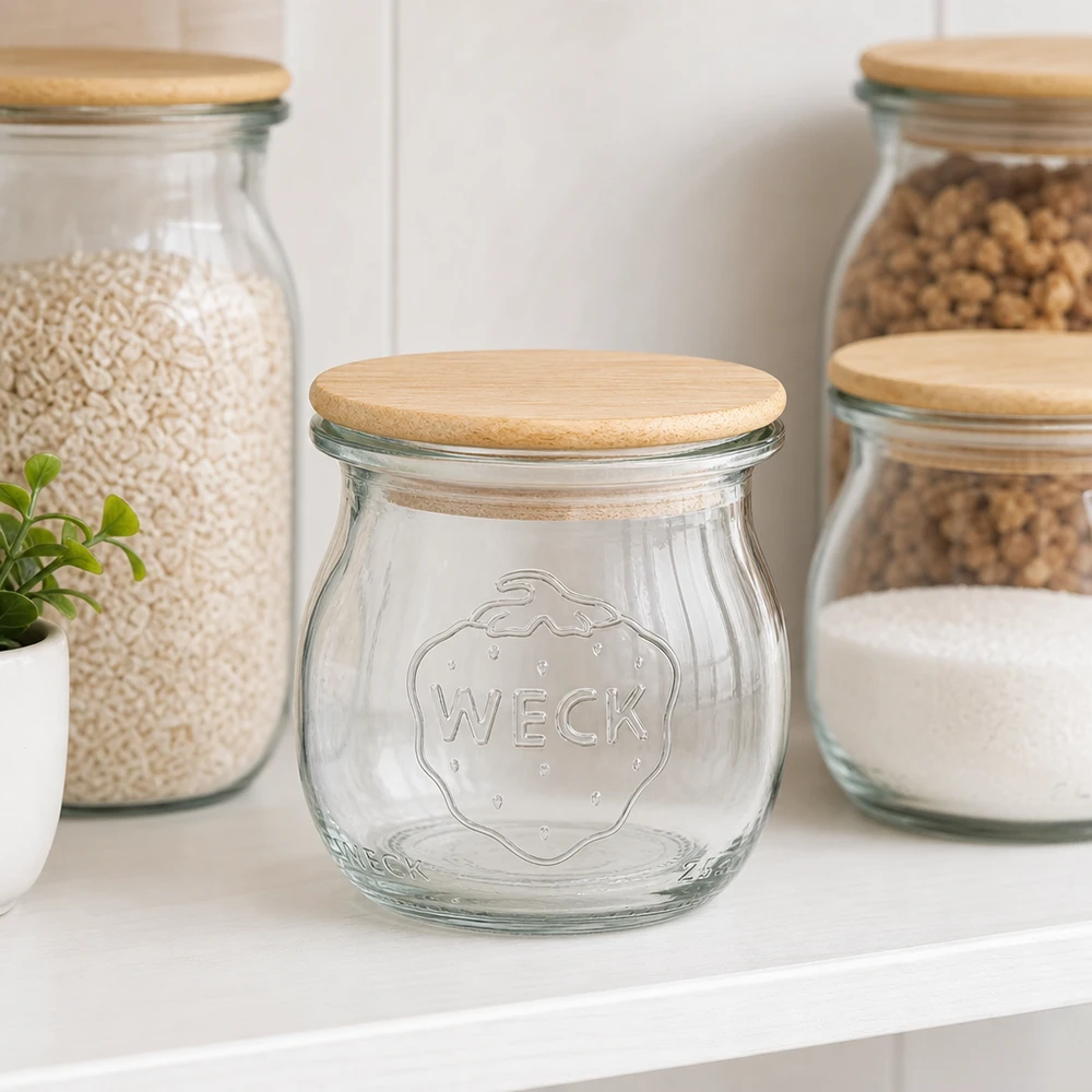 WECK barattolo a tulipano 75ml RR40 con coperchio in bambù in un elegante interno cucina accanto a barattoli di stoccaggio riempiti