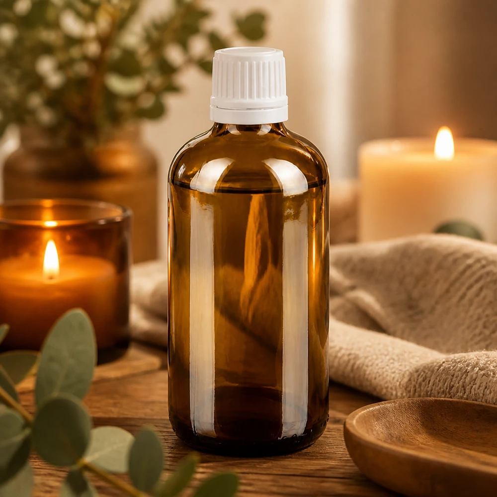 Flacone da farmacia marrone da 100 ml con tappo bianco a prova di bambino accanto a candele accese