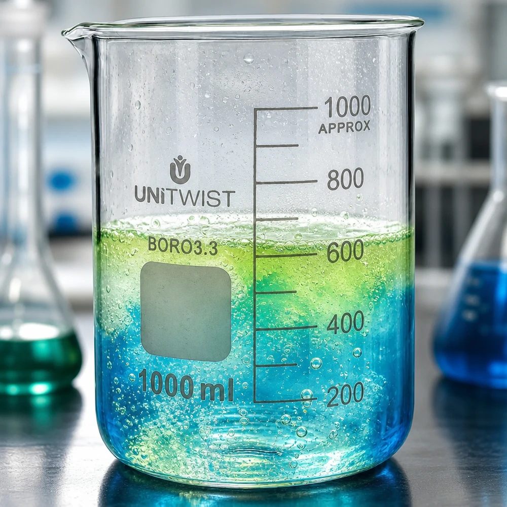 Bicchiere da 1000 ml in borosilicato, stampo basso UNiTWIST Bicchiere da laboratorio UNiTWIST da 1000 ml in borosilicato con liquido blu-verde e formazione di bolle