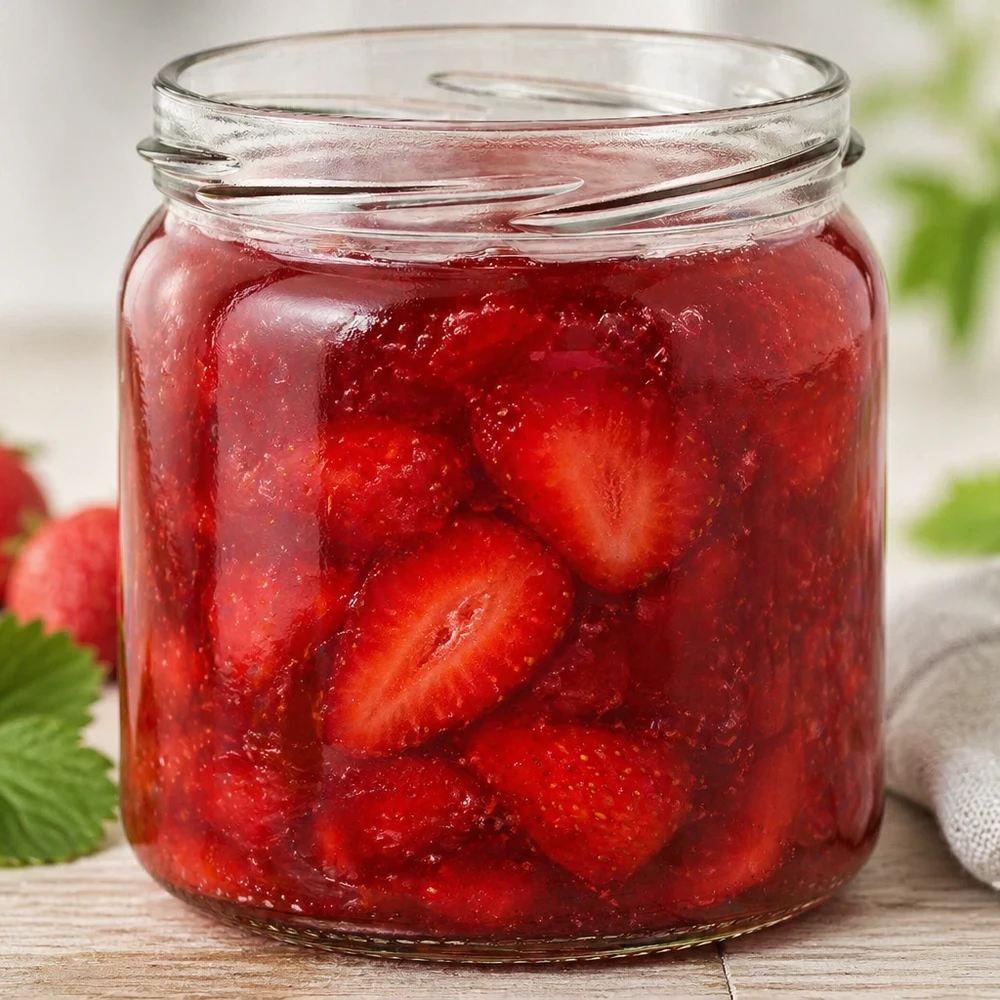 UNiTWIST Runda408 - Vaso rotondo capacità 408ml TO8 UNiTWIST Runda408 barattolo rotondo da 408 ml riempito di marmellata di fragole fatta in casa mostra il suo pratico utilizzo come barattolo da conserva