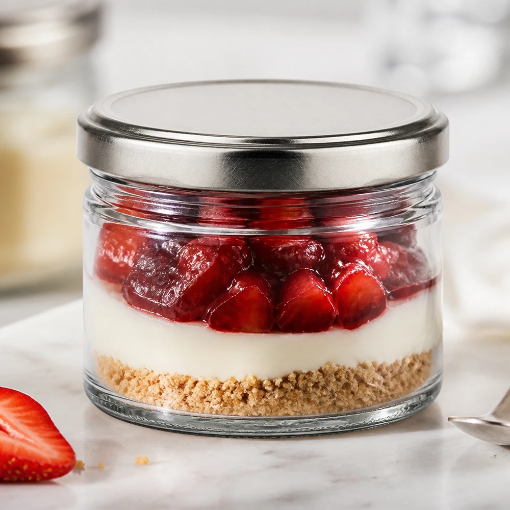 Vaso rotondo da 540 ml + coperchio BasicSeal argento opaco UNiTWIST. Bicchiere rotondo da 540 ml con coperchio argentato come bicchiere da dessert per cheesecake alla fragola in bicchiere, dessert a strati