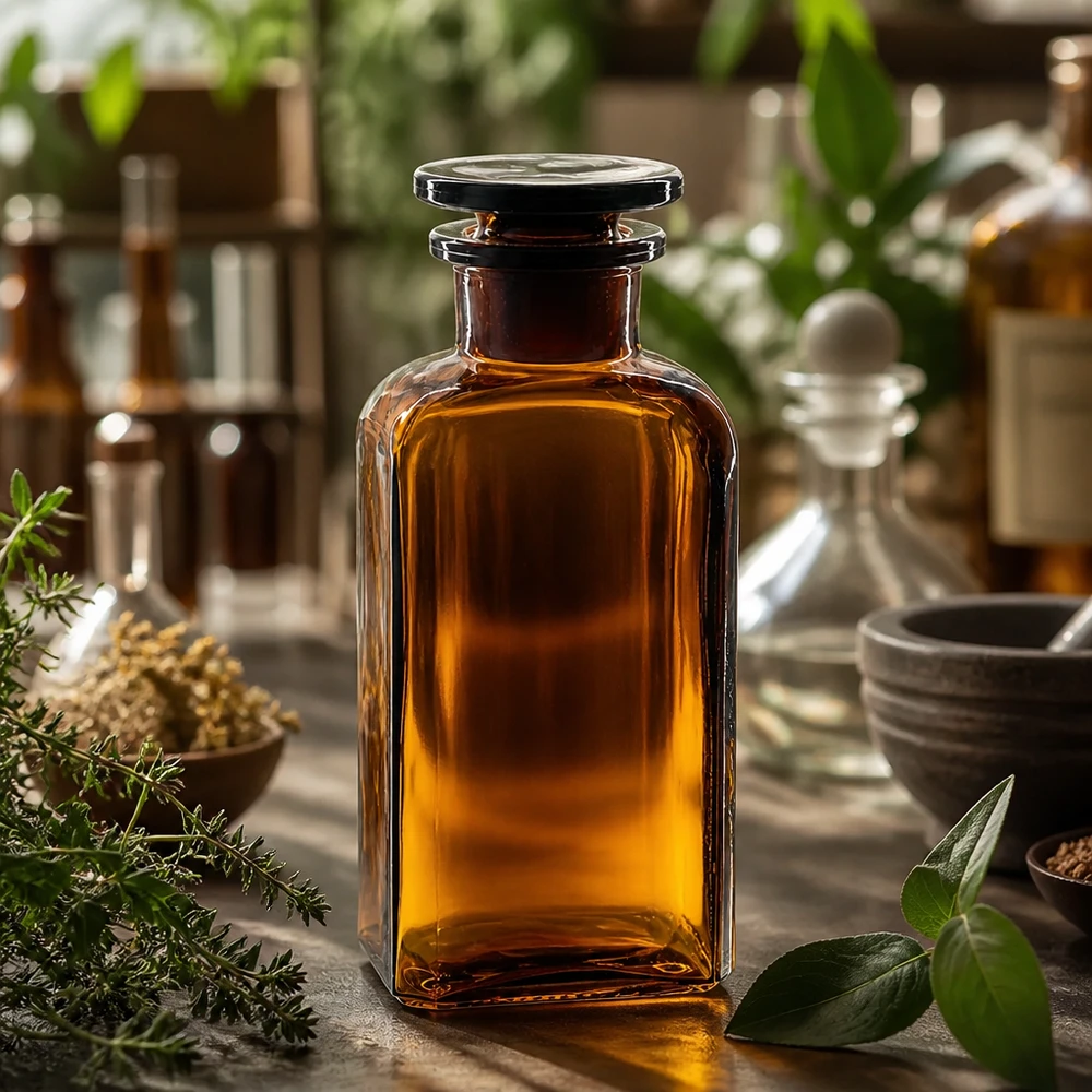 Bottiglia quadrata 250ml marrone con collo largo e tappo in vetro Flacone da farmacia da 250 ml, marrone, a sezione quadrata, con tappo in vetro, protezione UV, per oli ed estratti