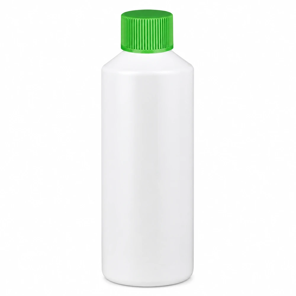 Flacone farmaceutico HDPE 100ml bianco, con tappo verde SV Flacone da farmacia in HDPE da 100 millilitri, bianco, con tappo a vite verde a prova di bambino