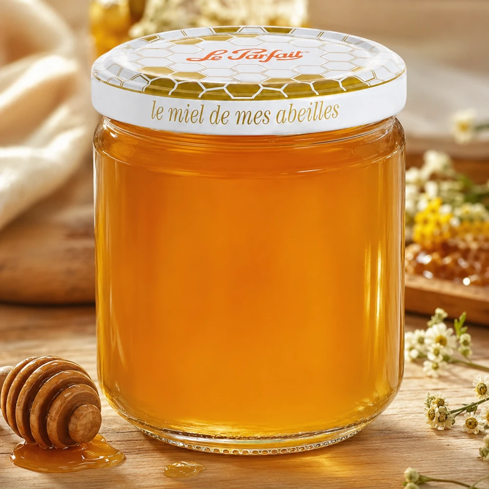 Vasetto di miele Le Parfait da 212 ml pieno di miele dorato accanto a cucchiaio e camomilla su tavolo di legno