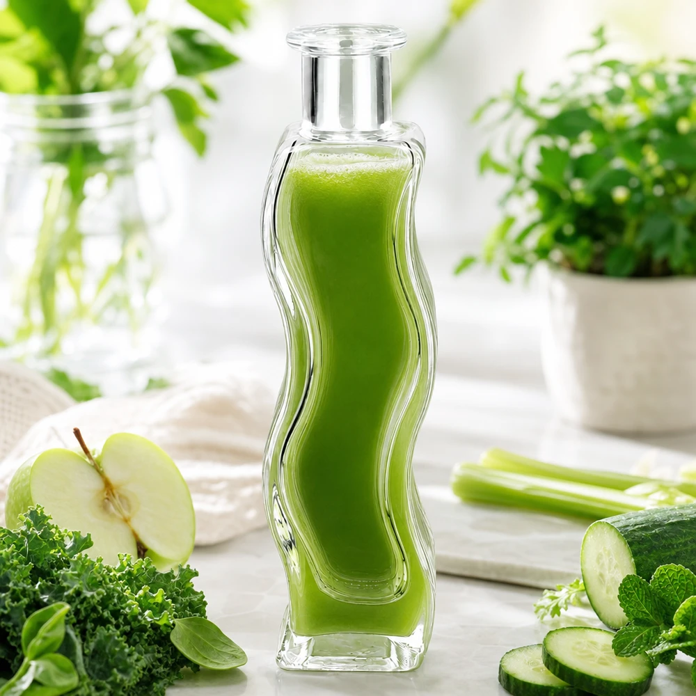 Flacone in vetro da 100 ml Melissa senza tappo UNiTWIST® Bottiglia di vetro da 100 ml di Melissa riempita di frullato verde circondata da verdure, mele, cetrioli ed erbe su un tavolo di legno bianco