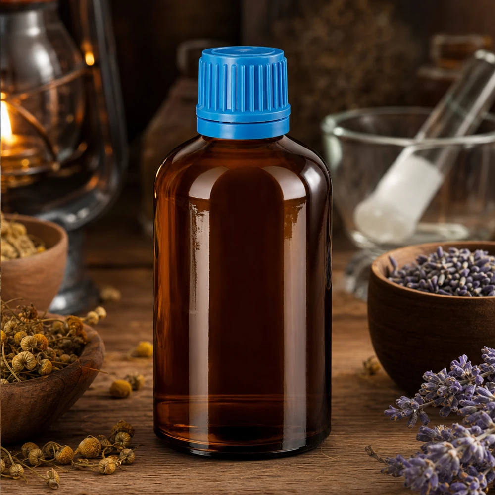 Bottiglia da 100ml 11mm SV blu OV BrownLine UT18/100 Robusto flacone in vetro ambrato 100ml BrownLine con tappo originale per una conservazione sicura del prodotto