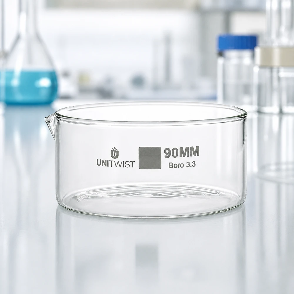Piatto per cristallizzazione ø90 mm in vetro borosilicato UNiTWIST Vaschetta di cristallizzazione vuota da 90 mm in vetro Boro 3.3 su piano da laboratorio bianco UNiTWIST