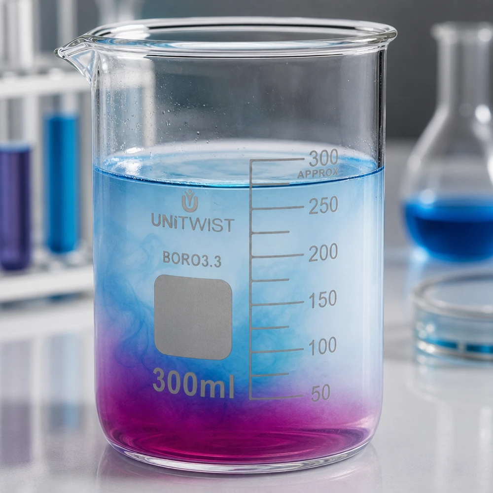 Becher in borosilicato da 300 ml, forma bassa, con sfumatura blu-viola, da laboratorio