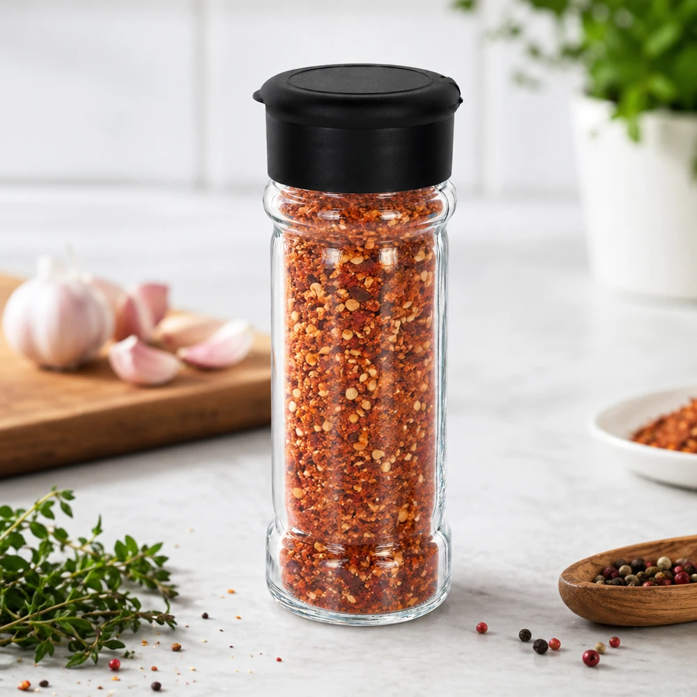 Barattolo di fiocchi di peperoncino da 100 ml con coperchio dosatore nero, accanto a erbe aromatiche fresche e aglio