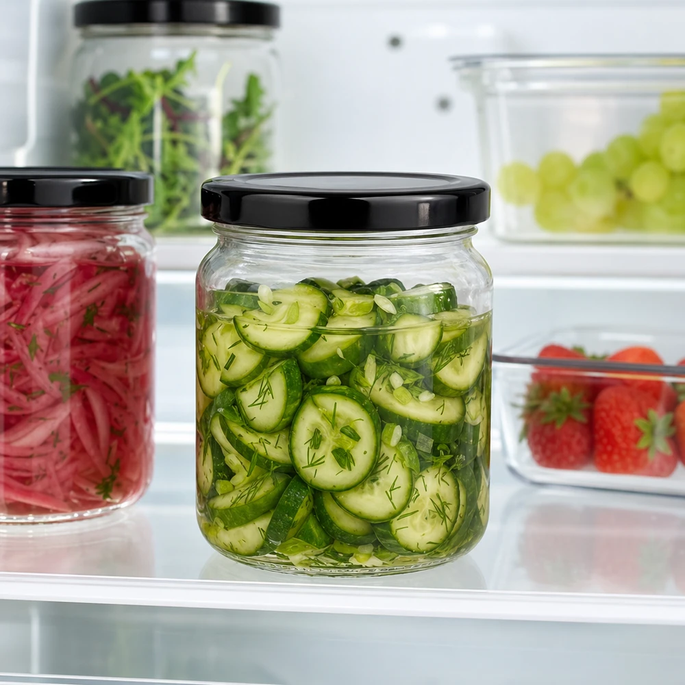 Barattolo rotondo da 53 ml con coperchio BasicSeal nero UNiTWIST. 53ml Rundglas mit schwarzem Deckel gefüllt mit eingelegten Gurken im Kühlschrank frische Konservierung Pickles