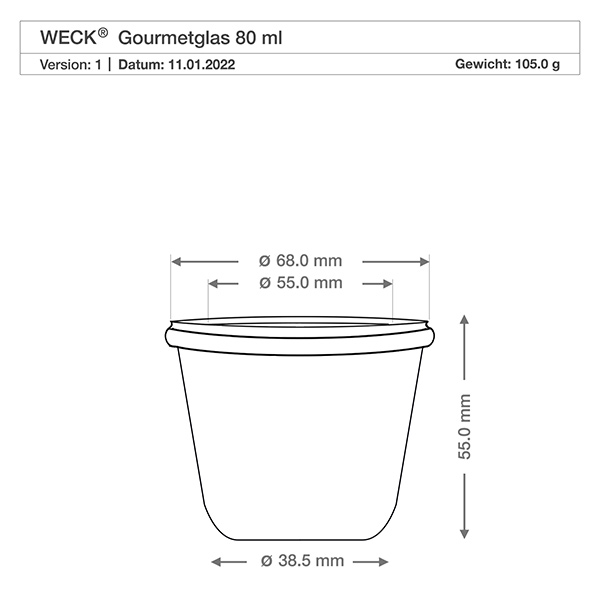 Barattolo da 80 ml per gourmet WECK RR60 Disegno tecnico 80ml WECK vaso gourmet RR60 con dimensioni - diametro 68mm, altezza 55mm, peso 105g