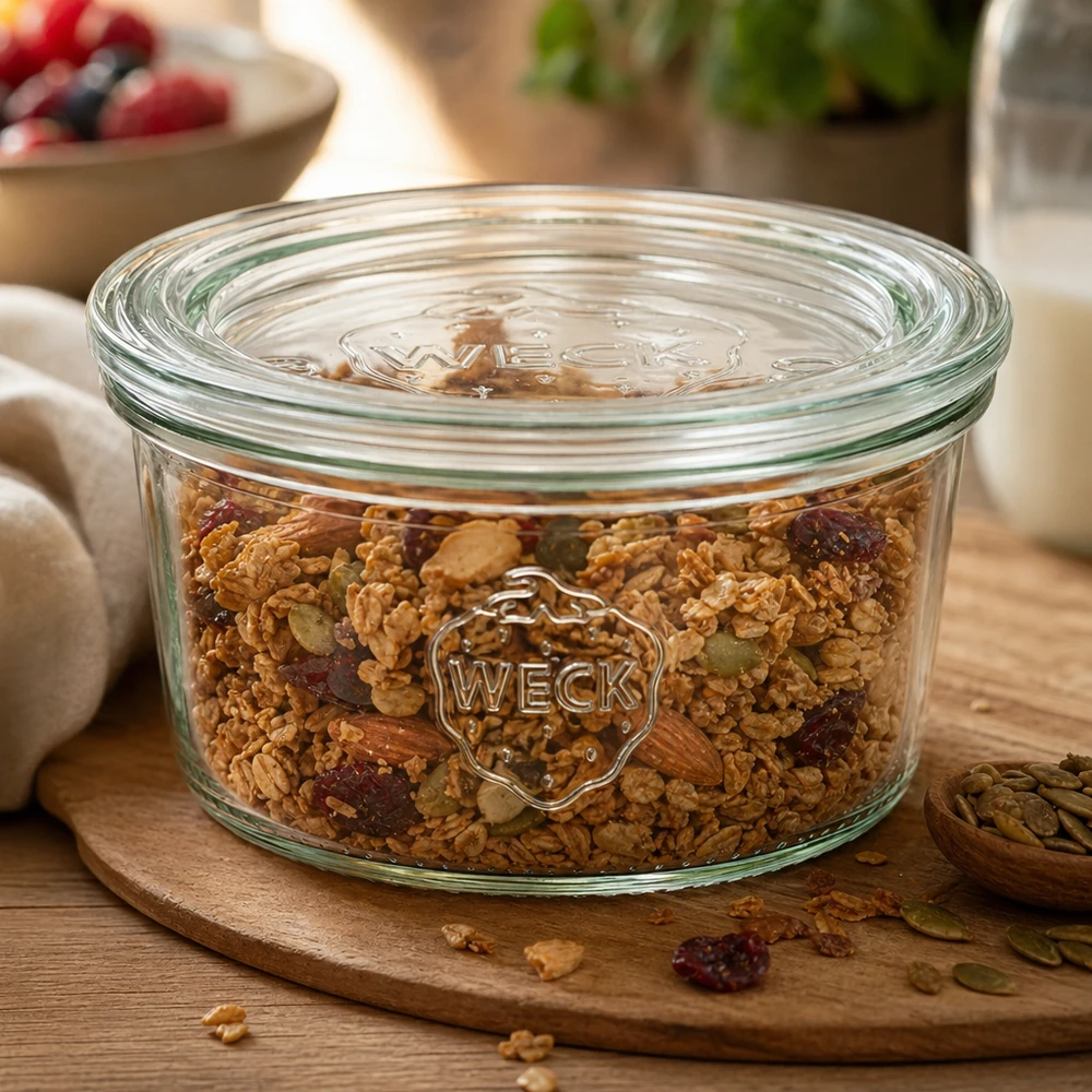 Bicchieri da 165 ml con coperchio in vetro WECK RR80 WECK 165ml RR80 mason jar riempito con muesli e frutta secca su una tavola di legno rotonda per una conservazione perfetta