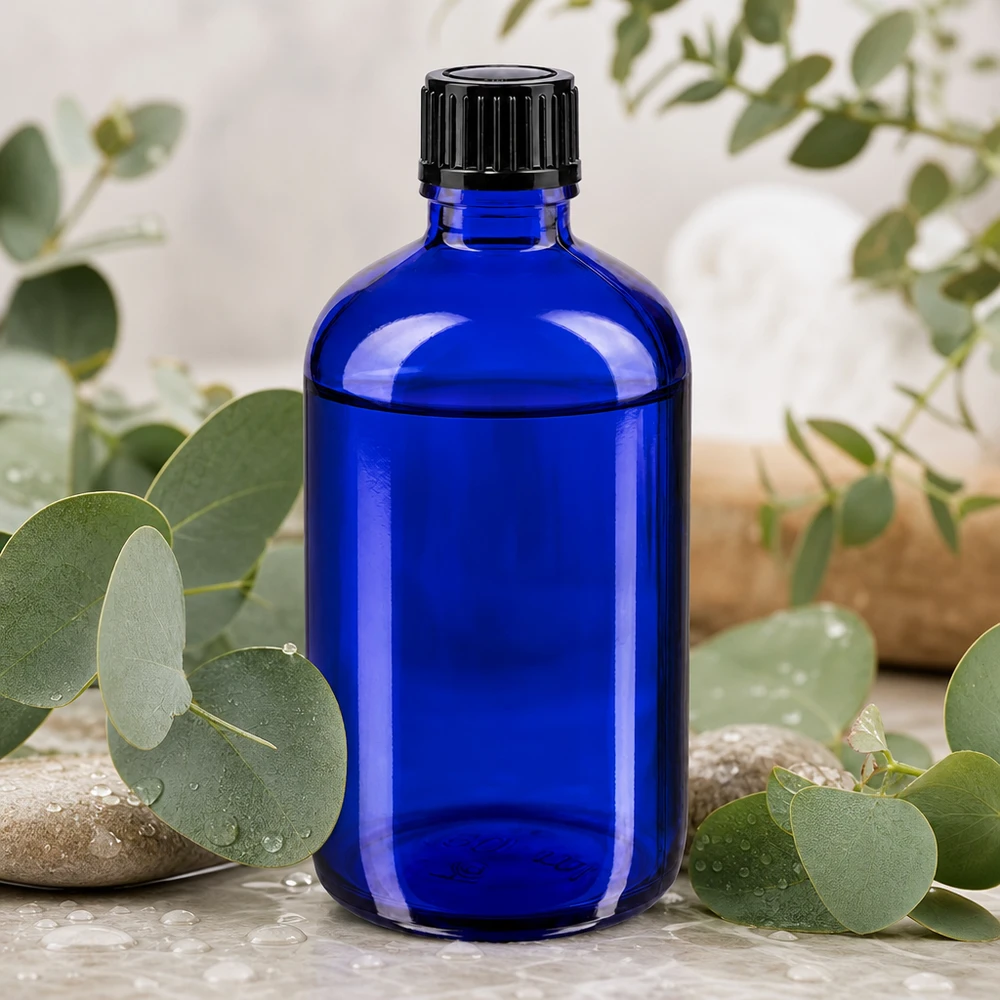 Flacone di vetro da 100 ml color blu cobalto con dosatore nero, circondato da ramoscelli di eucalipto freschi