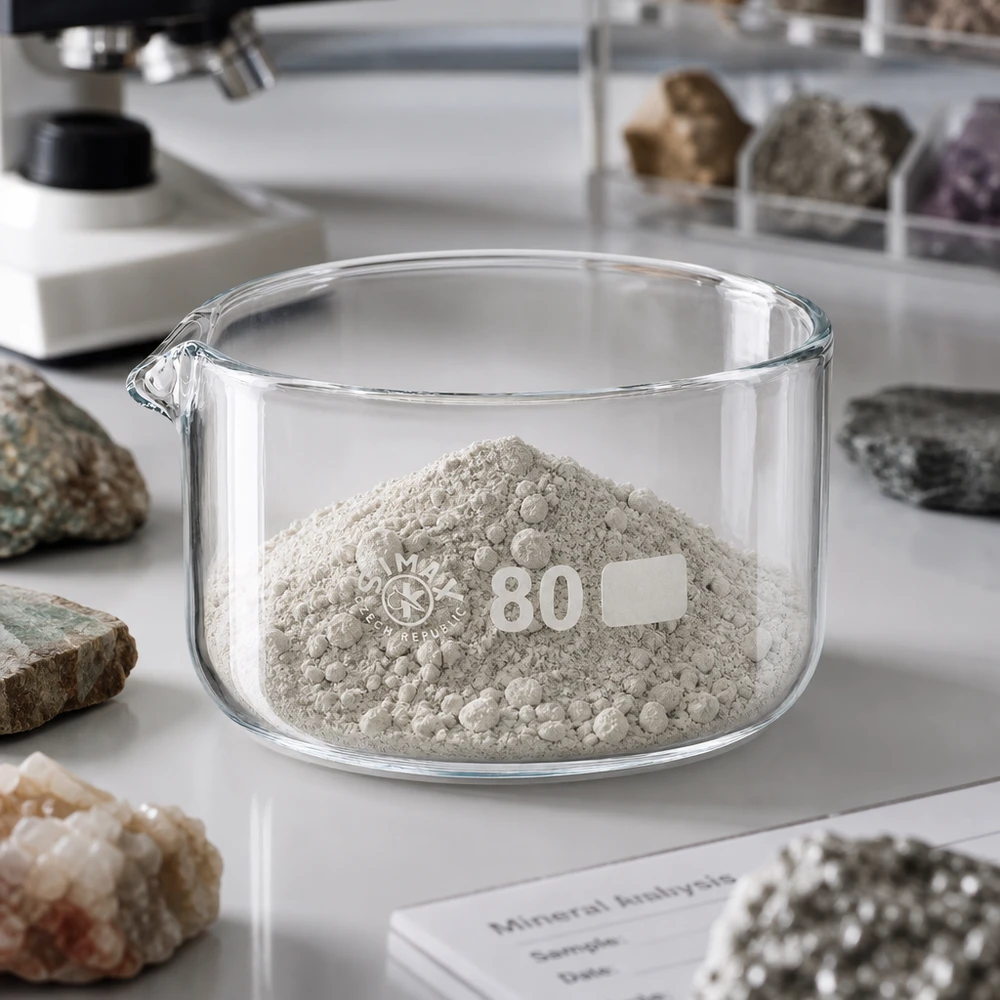 Piatto per cristallizzazione da 150ml con beccuccio Bo.. ø80mm Vaschetta di cristallizzazione da 150 ml con polvere minerale grigia su un piano da laboratorio bianco, circondata da campioni di roccia di ø80 mm