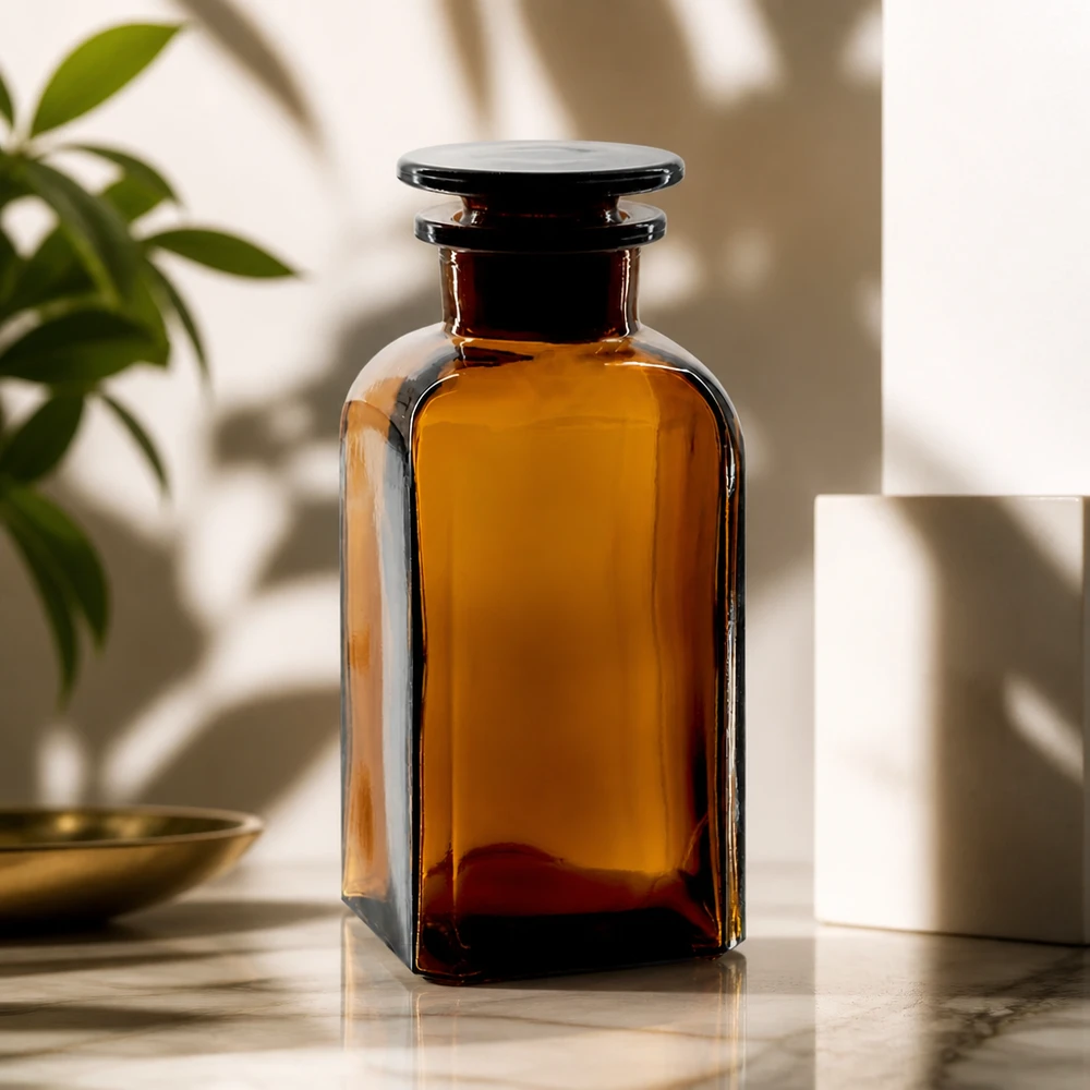 Bottiglia quadrata 350ml marrone con tappo in vetro a collo largo Bottiglia quadrata marrone da 350 ml con collo largo e tappo di vetro su base di marmo