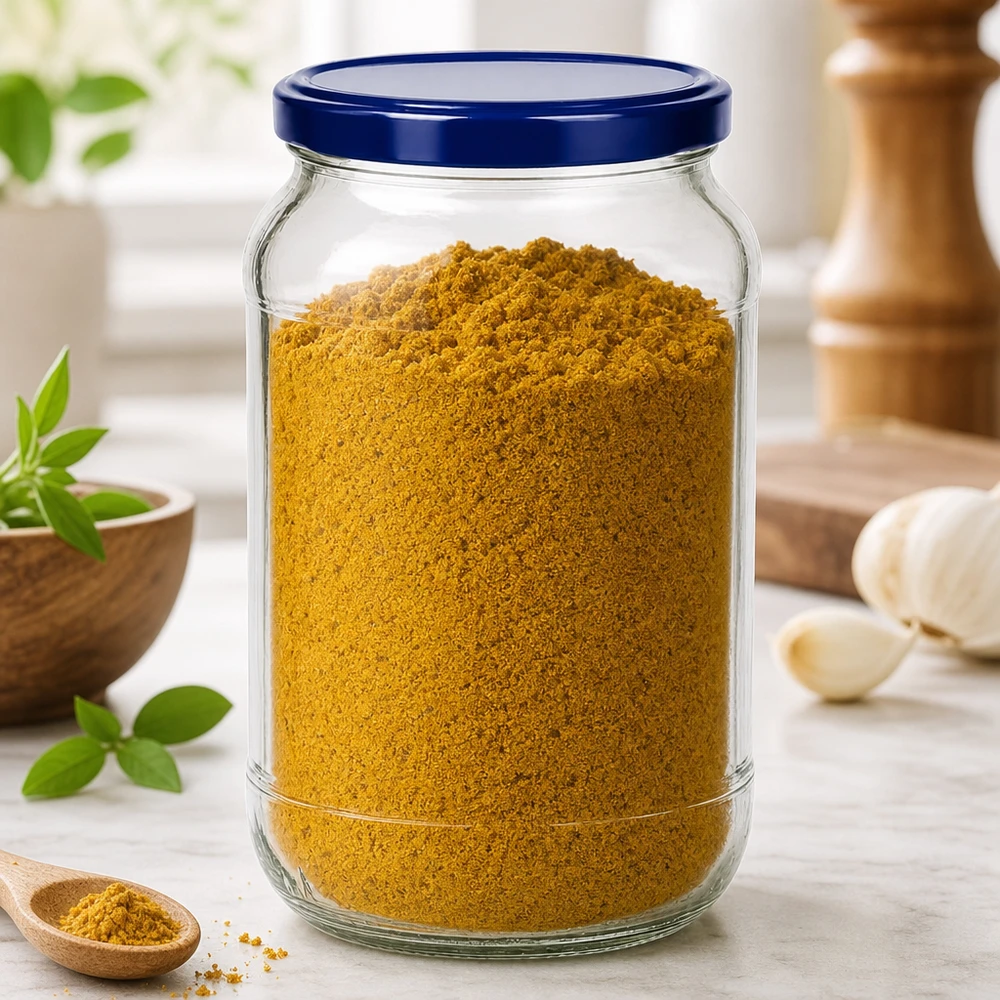 Barattolo rotondo da 1062 ml + coperchio BasicSeal blu UNiTWIST Barattolo rotondo da 1062 ml BasicSeal coperchio blu UNiTWIST riempito con polvere di spezie al curry Barattolo di spezie per scene di cucina