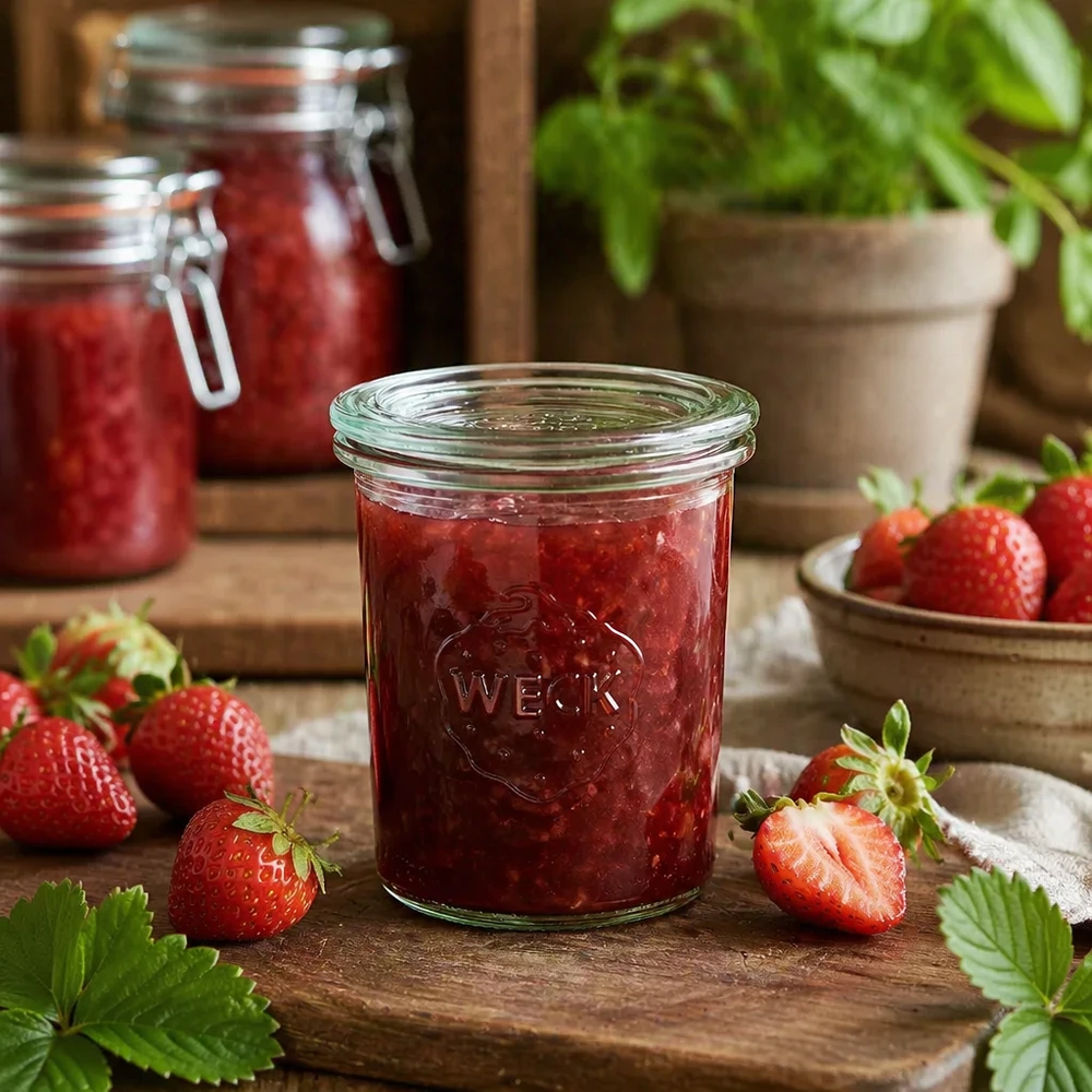 Vaso di vetro da 160 ml con coperchio in vetro WECK RR60 WECK RR60 Vaso da 160 ml riempito di marmellata di fragole fatta in casa, circondato da fragole fresche su un tavolo di legno