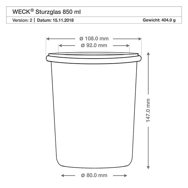 Bicchieri da 850 ml WECK RR100 WECK tumbler 850ml RR100 disegno tecnico dimensioni dimensioni 108mm diametro 147mm altezza specifiche prodotto